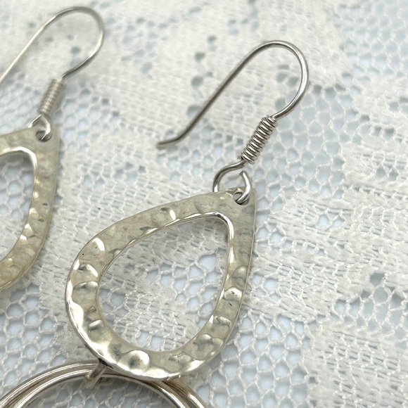925 Sterling Silver Hammered Circle Double Dangle Earrings - Picture 2 of 13